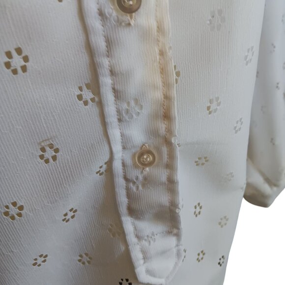 Medium Vintage Blouse White Pierced Eyelet Stand Collar Billow Sleeves Boho - Picture 3 of 7